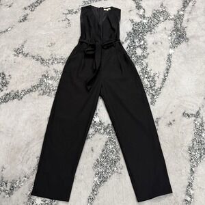 Hidden Label Jumpsuit Womens S Black Wide Leg Sleeveless Belted V Neck Tie Waist